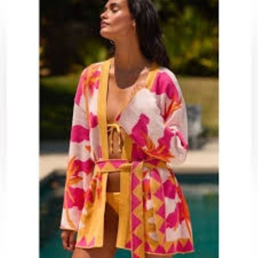MAAJI  sz M/L Pink Orange Tropical Knit Wrap Cardigan Sweater resort wrap